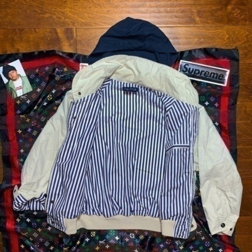 Archive Vintage Nautica pinstripe lined windbreaker cargo hoodie hybrid jacket